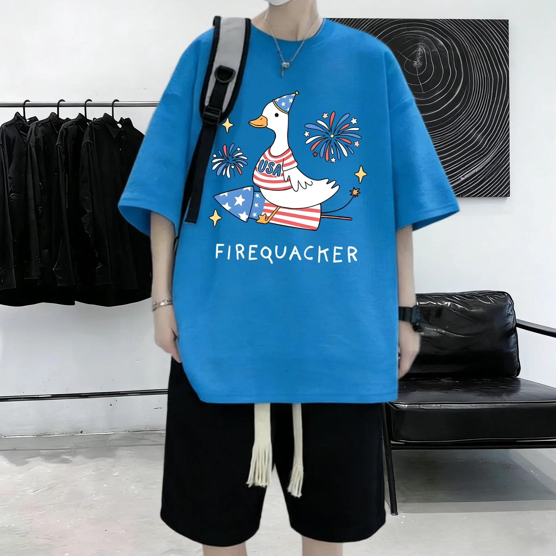 Usa'S Big Goose On A Rocket Pattern Cotton Basics Summer Short Sleeve Commute Man Loose Youth T Shirt Comfy All-Match Tops