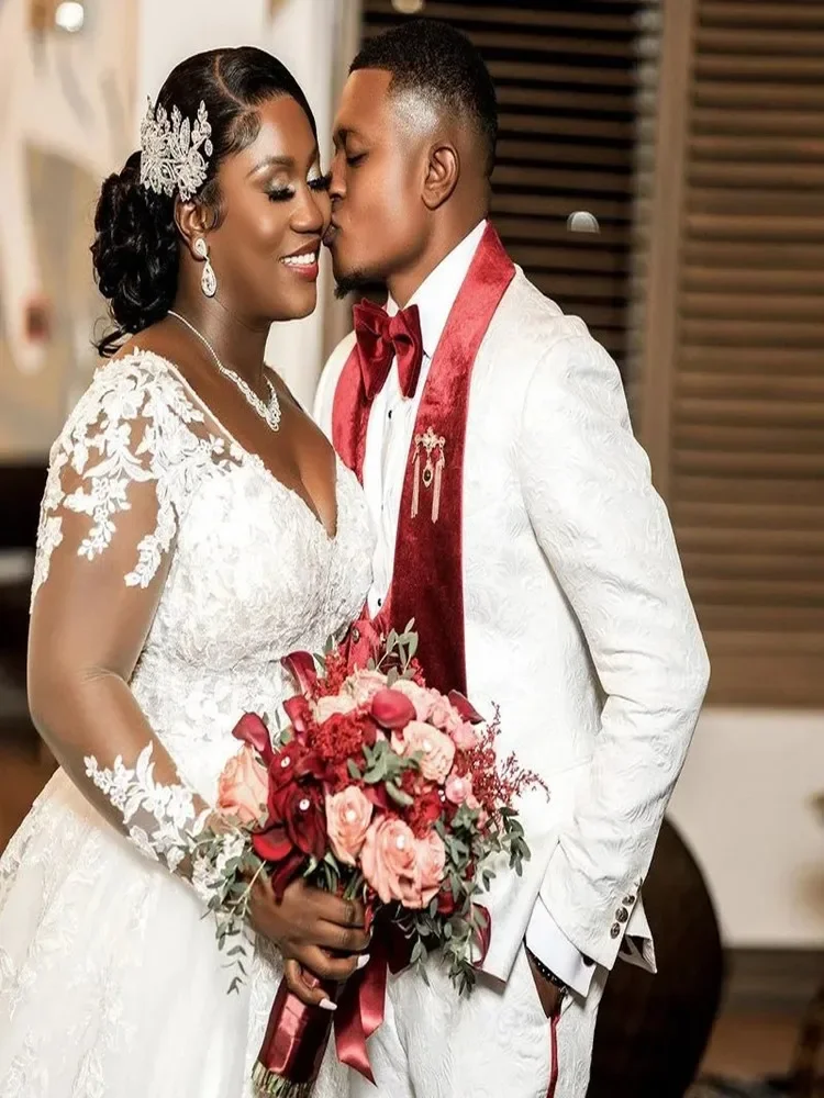 Vestido De Novia personalizado con apliques De encaje y cuello en V para Novia, Vestidos De Novia De manga larga De talla grande, vestido De Novia con espalda baja