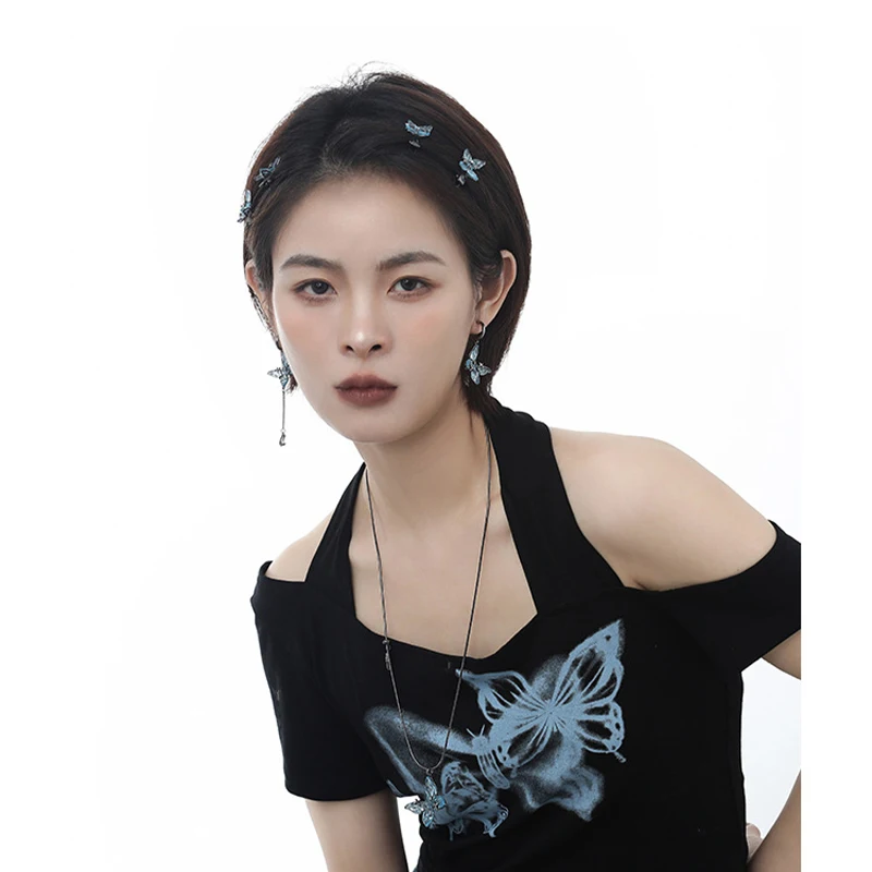 The New Korean Blue Butterfly Set For 2024 Is A New Gothic Copper Alloy Jewelry Party Gift For Women