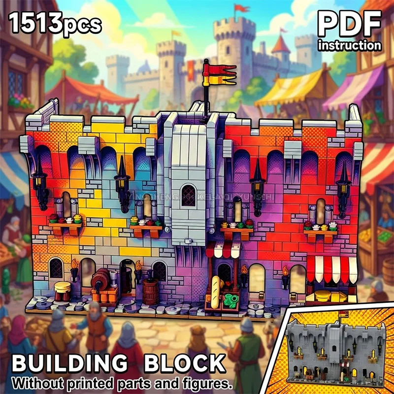 MOC Medieval Castle City Wall Section with Market Stalls & Street View Block Model