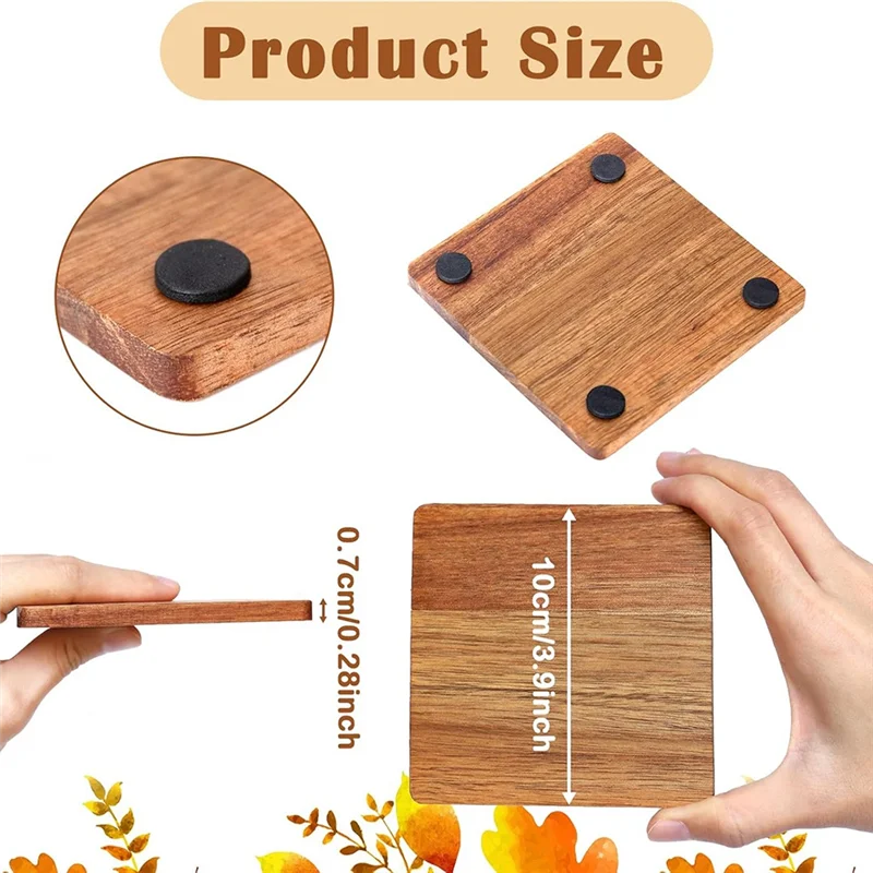 

A26F-Acacia-Wooden For Crafts Coasters 36 Pieces 4 Inch Square Unfinished Wood With Non-Slip Silicone Dots