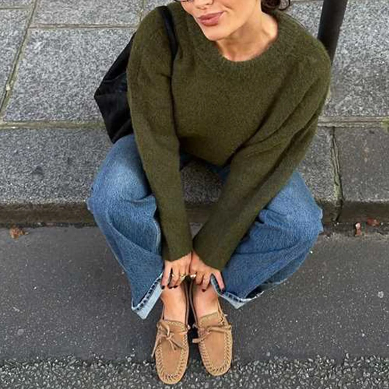 

Autumn Winter Women's Wool Sweater New Retro Solid Color Round Neck Long Sleeved Loose Casual Versatile Top ropa de mujer