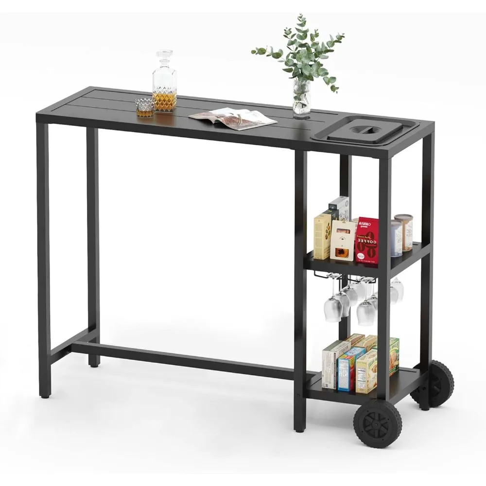 

Outdoor Bar Table 47" Patio Counter Height Table with Storage Shelves and Wheels, Hot Tub Bartable w/Ice Bucket Position, Weathe