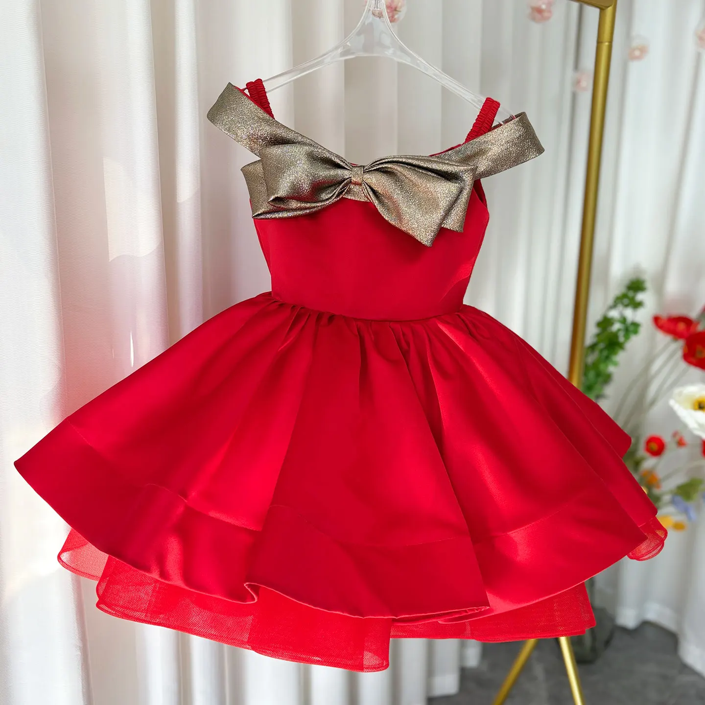 Jill Wish Christmas Off Shoulder Satin Girl Dress Knee Length with Bow Children Princess Birthday  Holiday Party Ball Gown  J284