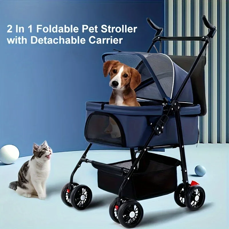 Folding Dog Stroller, Lightweight Pet Stroller, 4-wheel Dog Portable Stroller, Adjustable Handle Height Dog Stroller