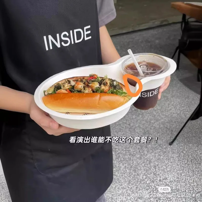 Customized. Disposable Degradable CityWalk Hot Dog Western Food Tray Two-Grid Coffee Drink Cup Shelf Thickened