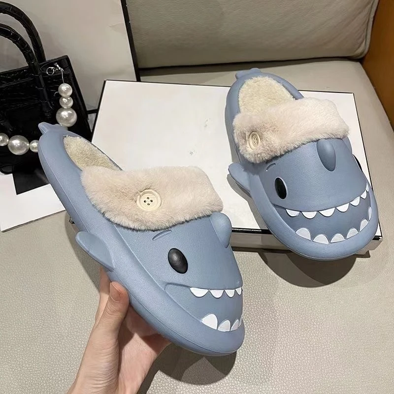 Warm Winter Women Men Shark Cotton Slippers Plush Thick Non-slip Slides Plush Couple Home Sandals Flat Shoe Shark Flip Flops