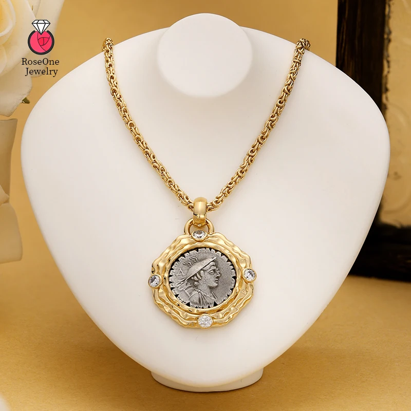 

Vintage Roman The God of Commerce Coin Charm Necklace For Cubic Zirconia 925 Sterling Silver Gold Plated Chain Retro Jewelry