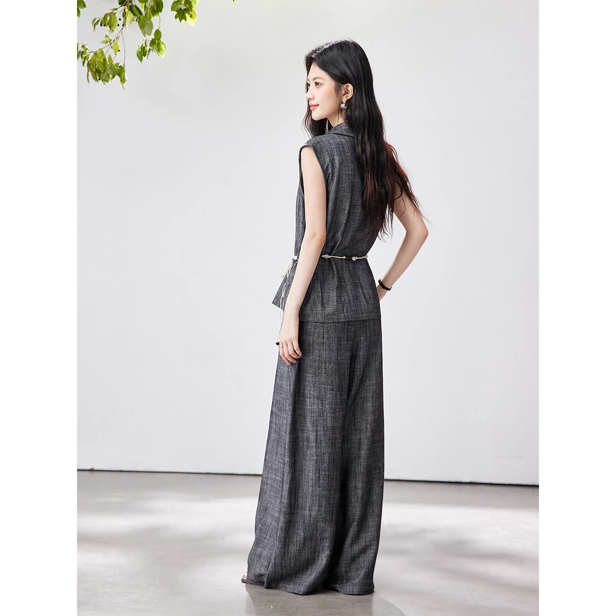 VIMLY Old Money Style 2 Piece Set Women 2026 Summer New Grey Sleeveless Top Detachable Belt Wide Leg Pants Casual Outfit 30817