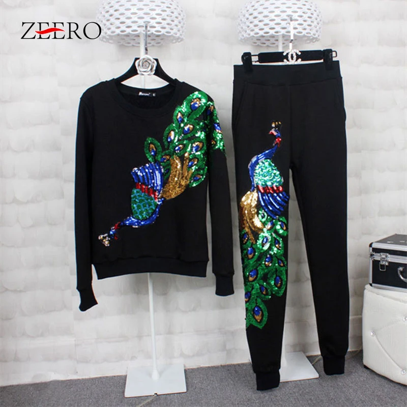 

Women Fall Spring Peacock Cashmere Sequins Hoodie Tracksuits 2 Piece Sets Casual Black Phoenix Pullovers + Pants Sets Outfits