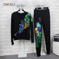 Women Fall Spring Peacock Cashmere Sequins Hoodie Tracksuits 2 Piece Sets Casual Black Phoenix Pullovers + Pants Sets Outfits