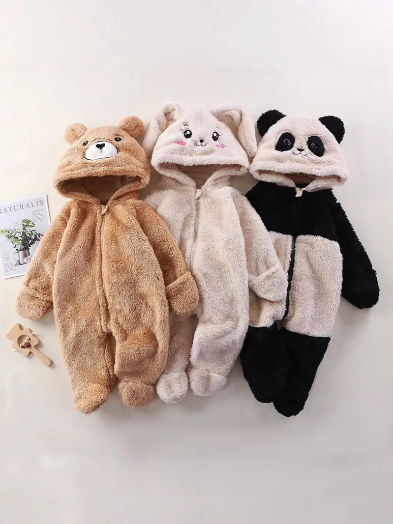 Winter Baby Jumpsuits Hooded Newborn Romper for GirlsAutumn  Footed Cartoon  Boys Warm Plush Infant Loungewear Toddler Outfit