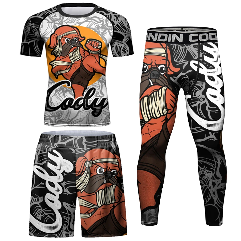 Nowy MMA boks Rashguard t-shirty + spodnie garnitur mężczyźni Jiu Jitsu wysypka straży BJJ boks koszulki spodenki Muay Thai MMA koszulka kompresyjna