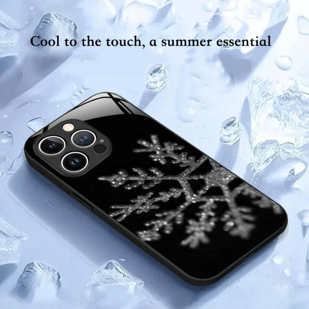 

Snowflake Black Tempered Glass Phone Case For iPhone17 16 15 14 13 12 11Pro Max Air Plus Lens Protection Cool Touch Anti-Scratch