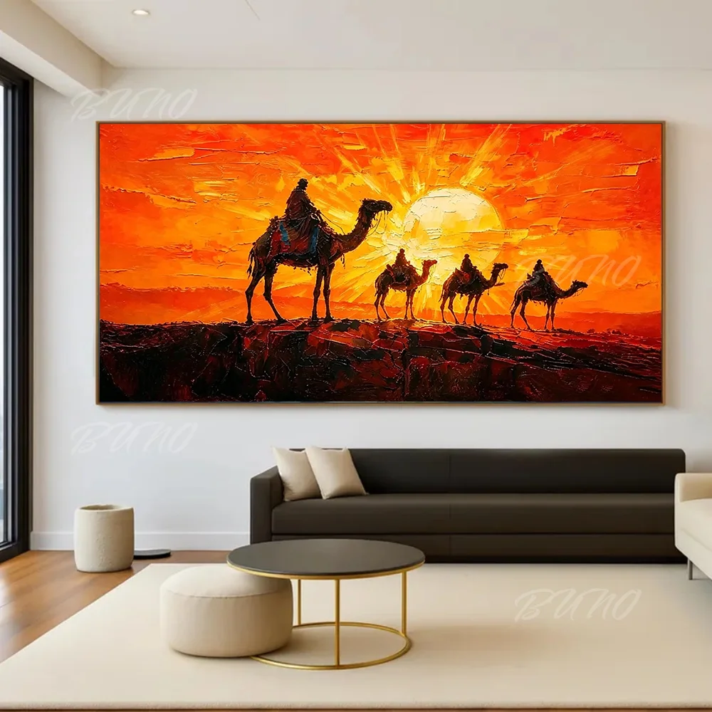 Hand Painted Abstract Oil Painting Desert Camel Sunset Textured Wall Art for Living Room Bedroom Home Decor