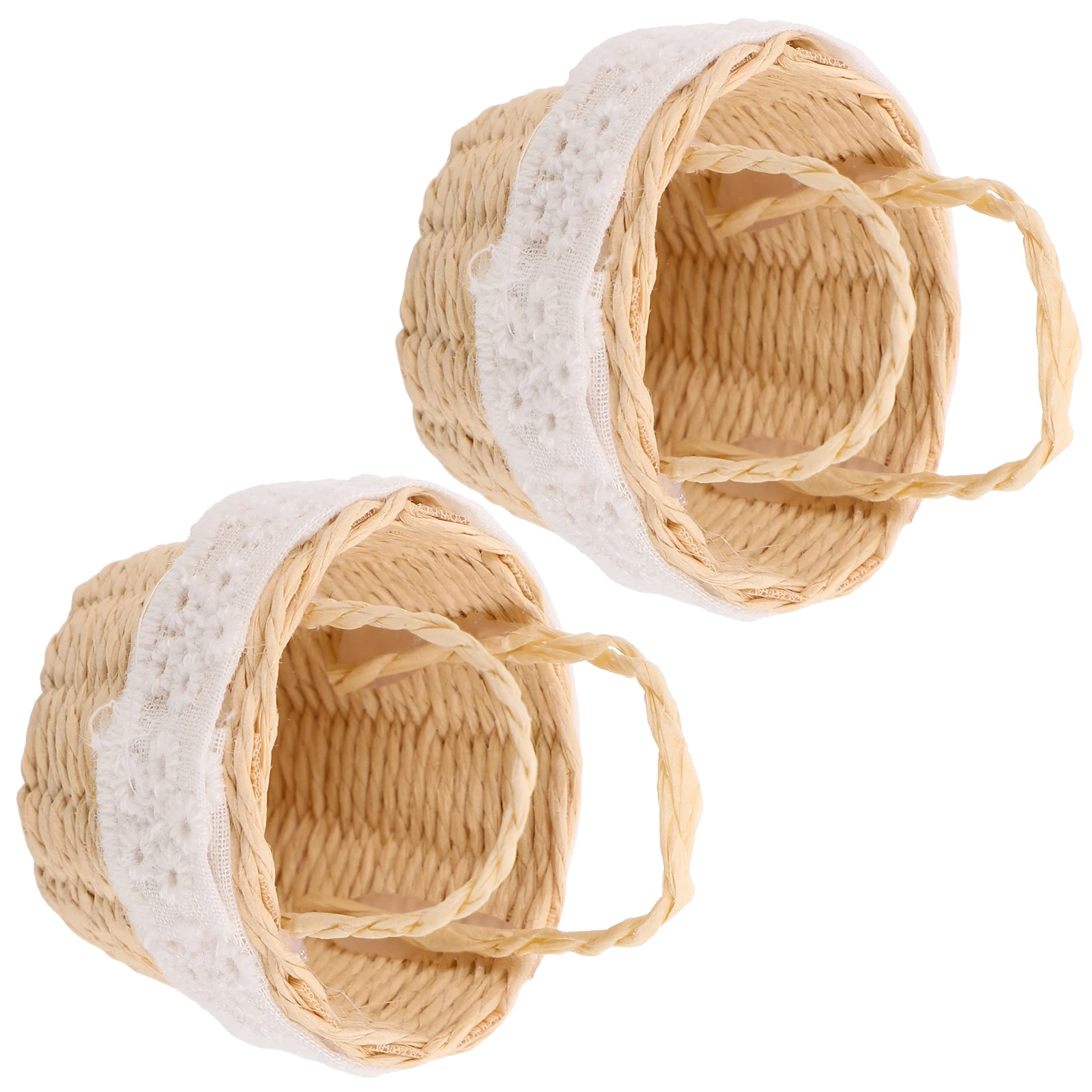 

2 Pcs Handheld Rattan Flower Basket Handwoven Handmade Miniature Girl Children's Dollhouse