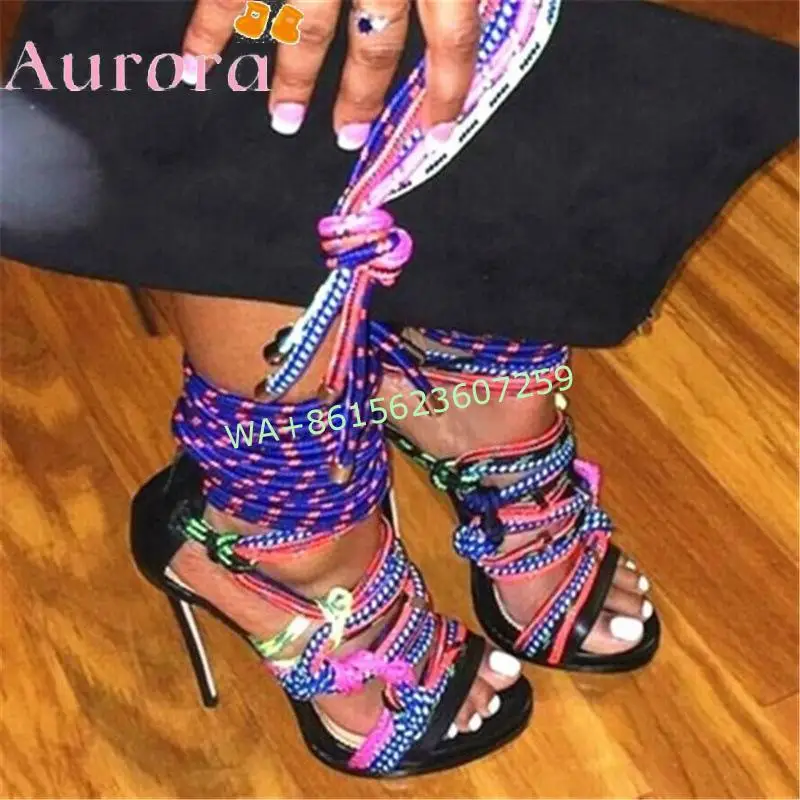 New Style Women's Colorful Gladiator Sandals Women Pumps Luxury Designer Round Toe Stiletto Lace Up Pumps Party Shoes Large Size