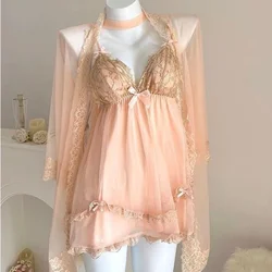 Vrouwen Sexy Spaghetti Band Kant Boog Nachtjapon Roze Mesh Gewaad Set Prinses Stijl Nachtkleding Losse Kimono Badjas Pak Lingerie