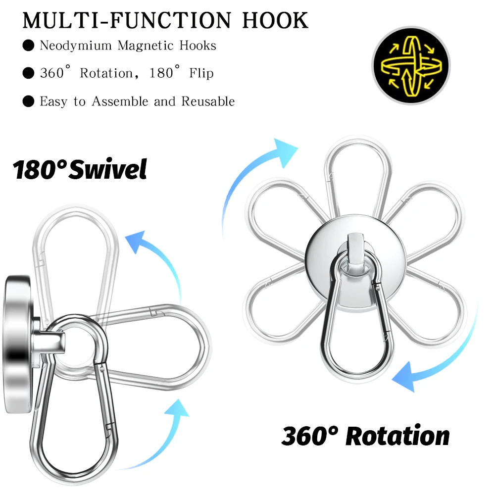 Gancho magnético súper fuerte N52, imán de neodimio, mosquetón giratorio de 360 °, llavero de anillo magnético, asiento magnético