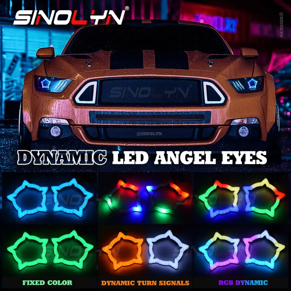 Sinolyn RGB Pentagram LED Angel Eyes Dynamic Sequential Flowing Switchback Lights DRL For Headlight Bluetooth -compatible Tuning