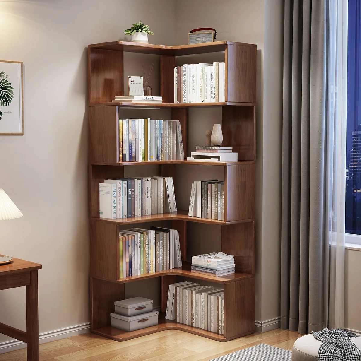 Solid Wood Corner Bookshelf Floor Bookcase Shelf Wall Corner Locker Small Apartment Student Household Storage Rack