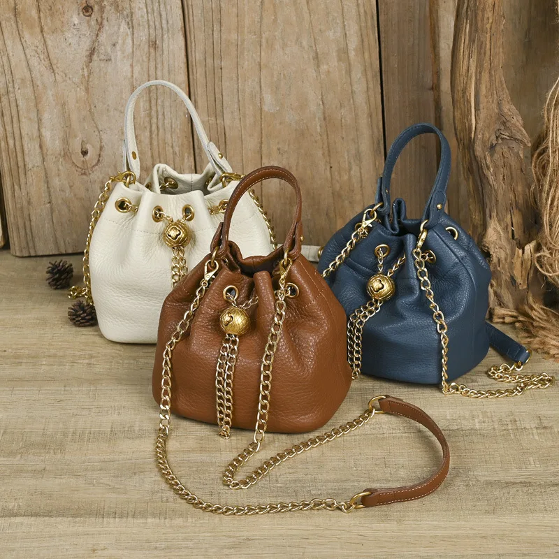 Soft leather bag draw rope suit bundle mouth hand lading shoulder change key storage portable bucket diagonal cross bag