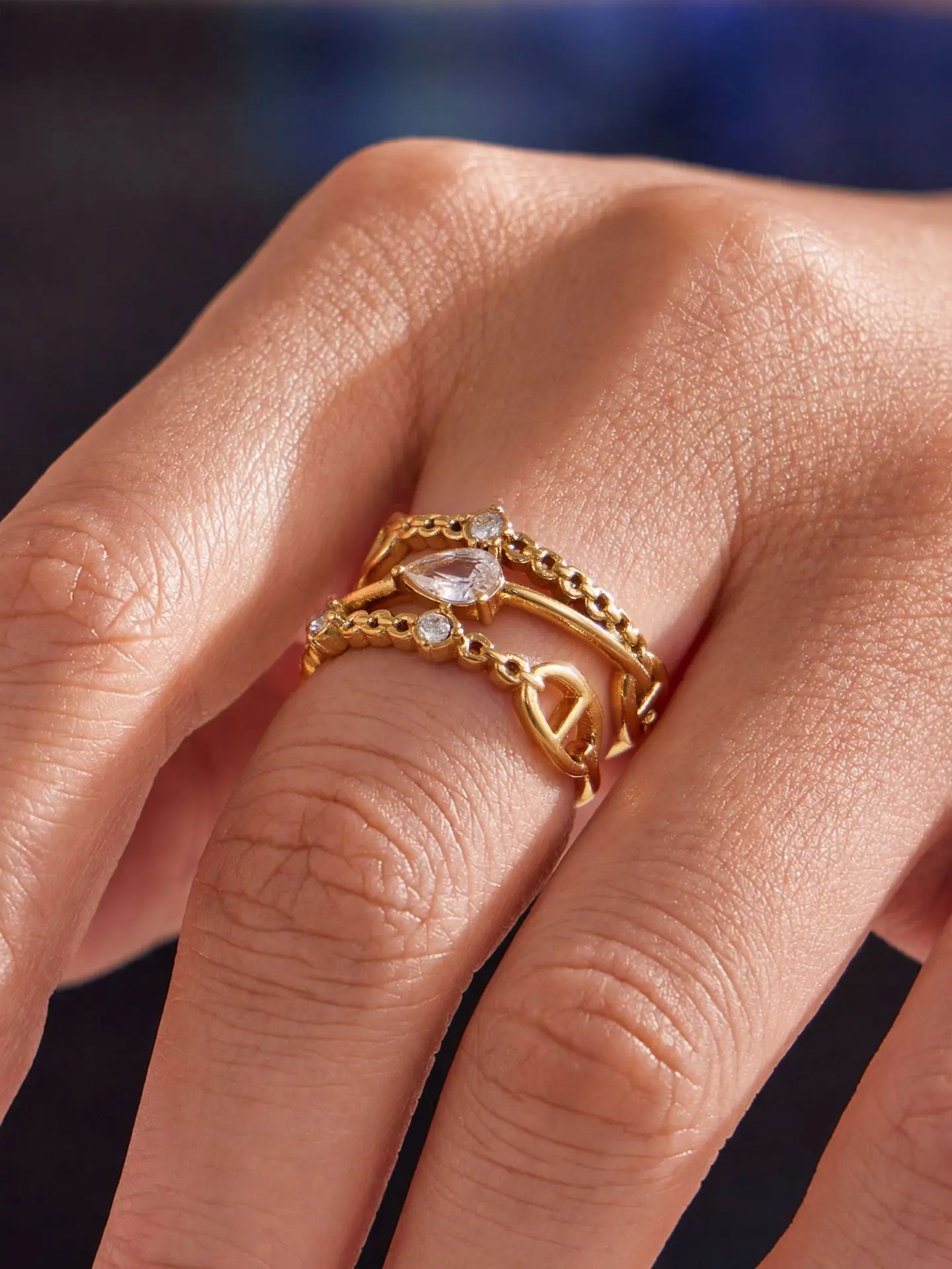 316L Edelstahlring, mehrlagig, mit Perlen und Zirkonia, tropfenförmig, offener Ring, 18 Karat vergoldet, schick, modern, zarter Schmuck für Damen – Detail 10