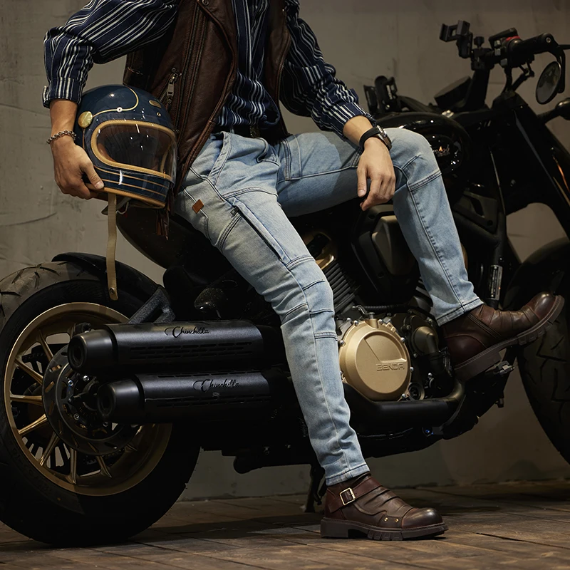 

Retro Biker's Racing Casual Straight-Leg Jeans Men's Thick Anti-Fall Pants Scrambling Motorcycle Riding Slim-Fit Stretch Pants