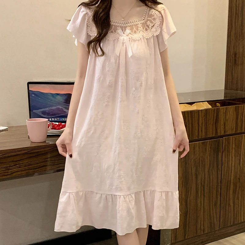 Women'S Nightgown For Summer, New Jacquard Design, Sweet Princess Style, Apricot Color With Lace And Built-In Chest Pad