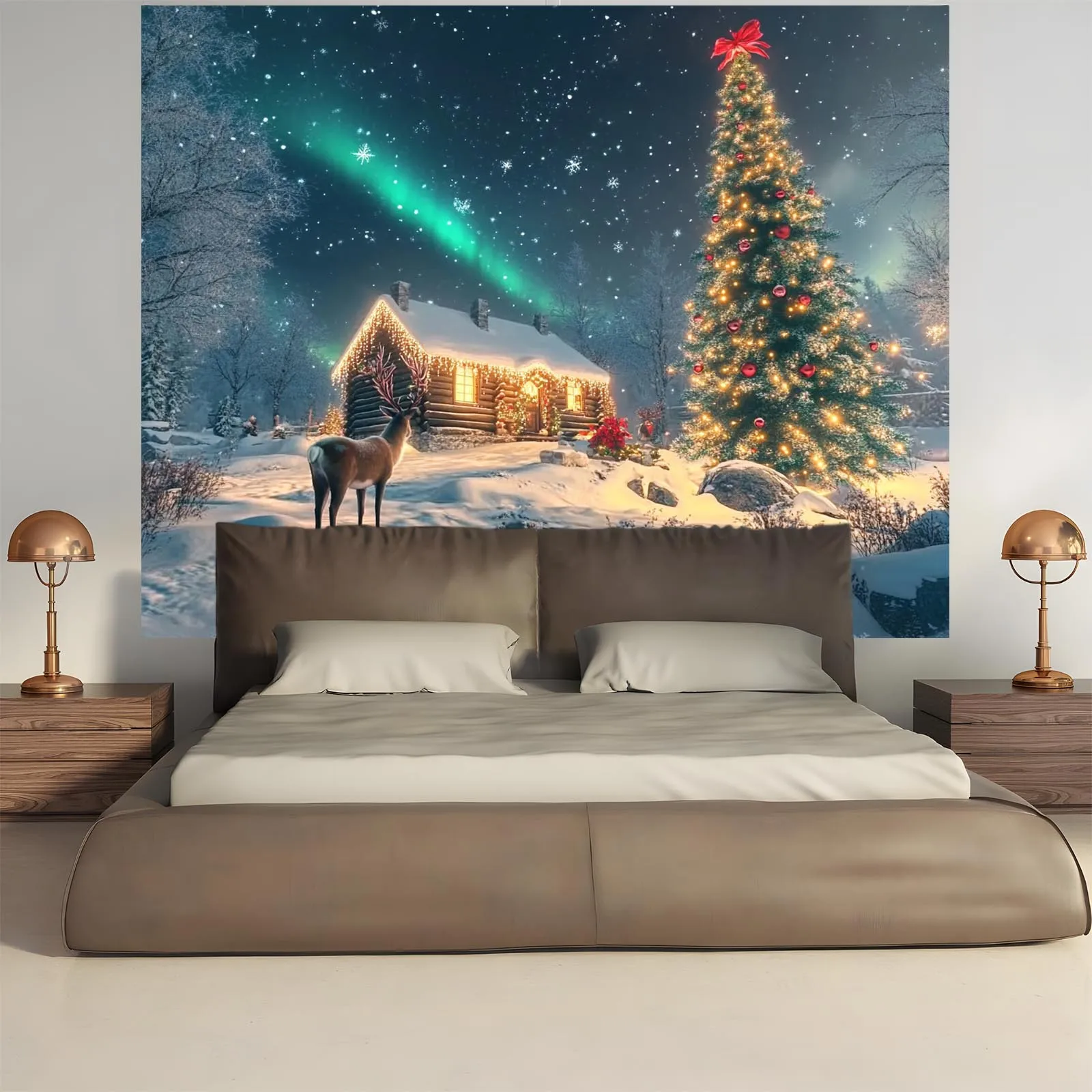 1pc Glowing Lights Snowy Cabin Christmas Tree Tapestry - Self-Lit Winter Night Scene with Twinkling Lights, Polyester Fabric Ind