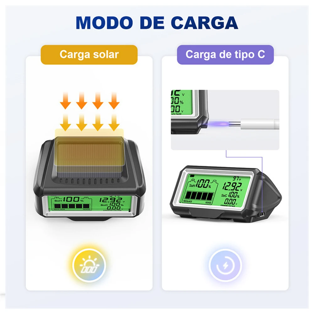 Car Battery Capacity Tester 12V  Voltage Monitor LED Waterproof SOH SOC Type-c Solar Charging Battery Detector Auto Tester Meter