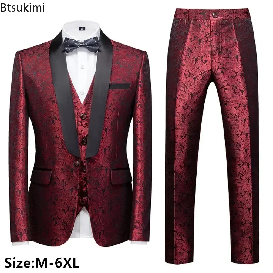 New 2026 Men's Business Wedding Jacquard Suit Three Piece Sets Luxury Blazers+Vest+Trousers Male Party Banquet Formal Clothing
