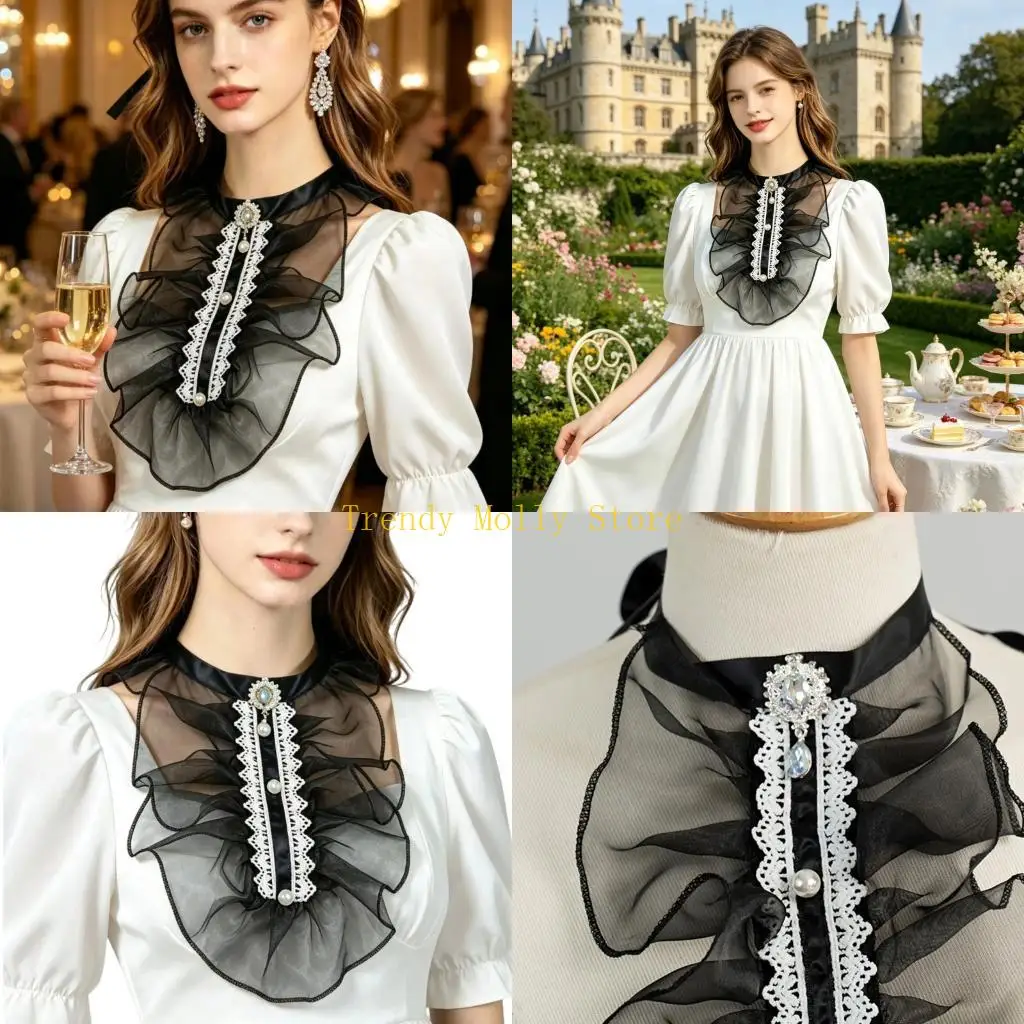 

N5KB Romantics Faux Pearls Embroidered See Through Organza Collar Detachable Neckpiece For Blouse And Dress Decoration