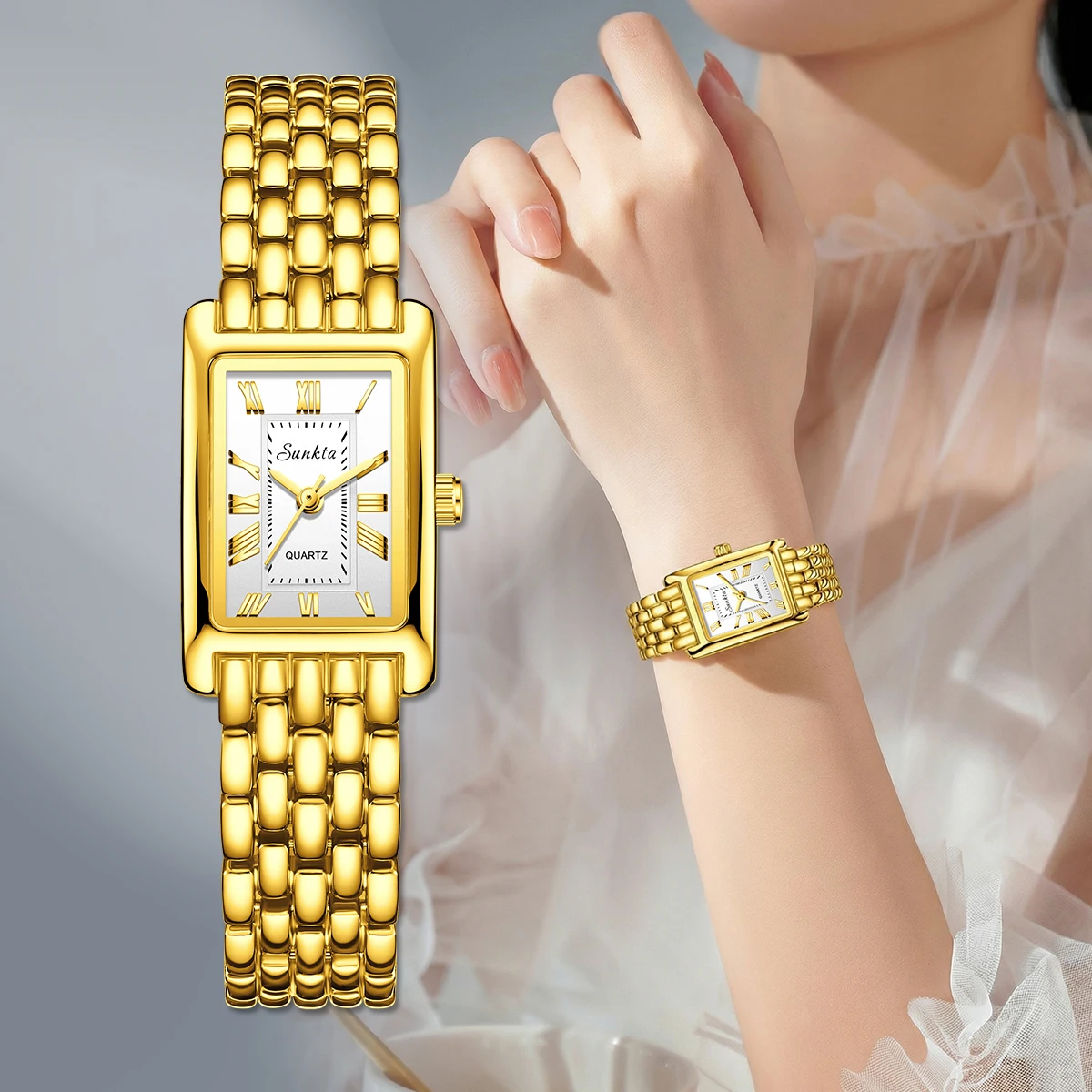 Sunkta Luxury Women's Watches Fashion Ladies Square Casual Golden Quartz Watch Solid Stainless Steel Rectangle Girls Wristwatch