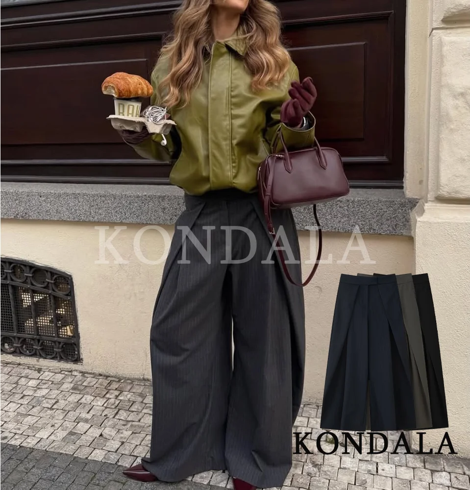 KONDALA Commute Chic Wide-Leg Pants Women Casual Daily Pleated Trousers 2026 Spring Fashion Office Lady High Street Trendy Pants