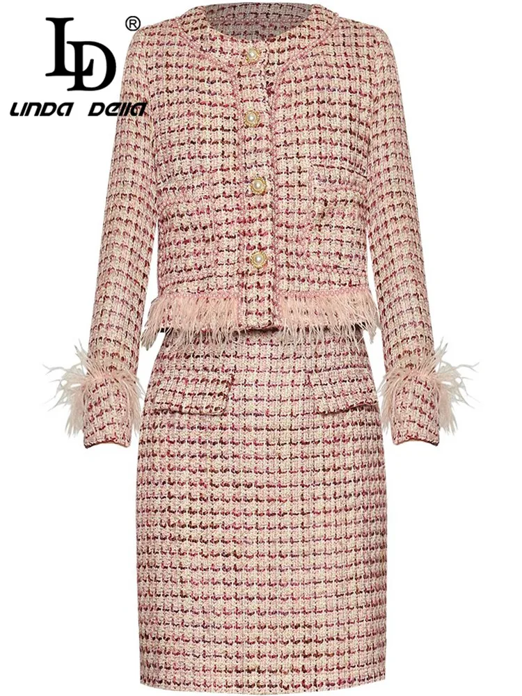 LD LINDA DELLA Women's Commuter Suit Long Sleeved Soft feathers Single-breasted Tops+Slim skirt Pink Plaid 2 piece Set