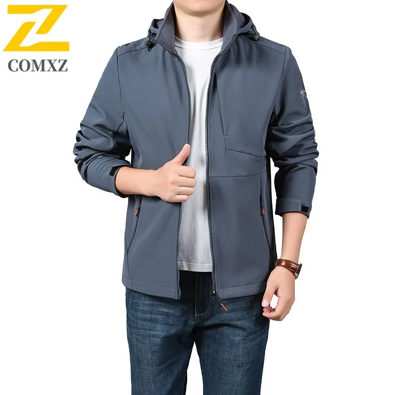 

COMXZ Autumn Winter New Softshell Outdoor Men Casual Jacket Detachable Hood High Quality Fashion lightweight windbreaker Coat
