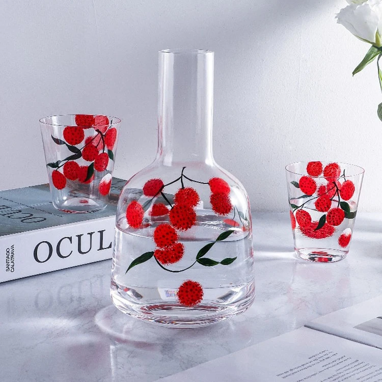 

Chinese Style Hand Painted Lychee Glass Water Pitcher Set with Cups for Home Living Room Tea Table