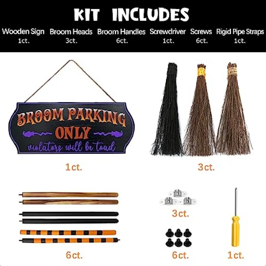 Halloween Decorations Halloween Decor Broom Parking Sign with 3 Wooden Witches Brooms Cute Hocus Pocus Front Porch Wall Decor f