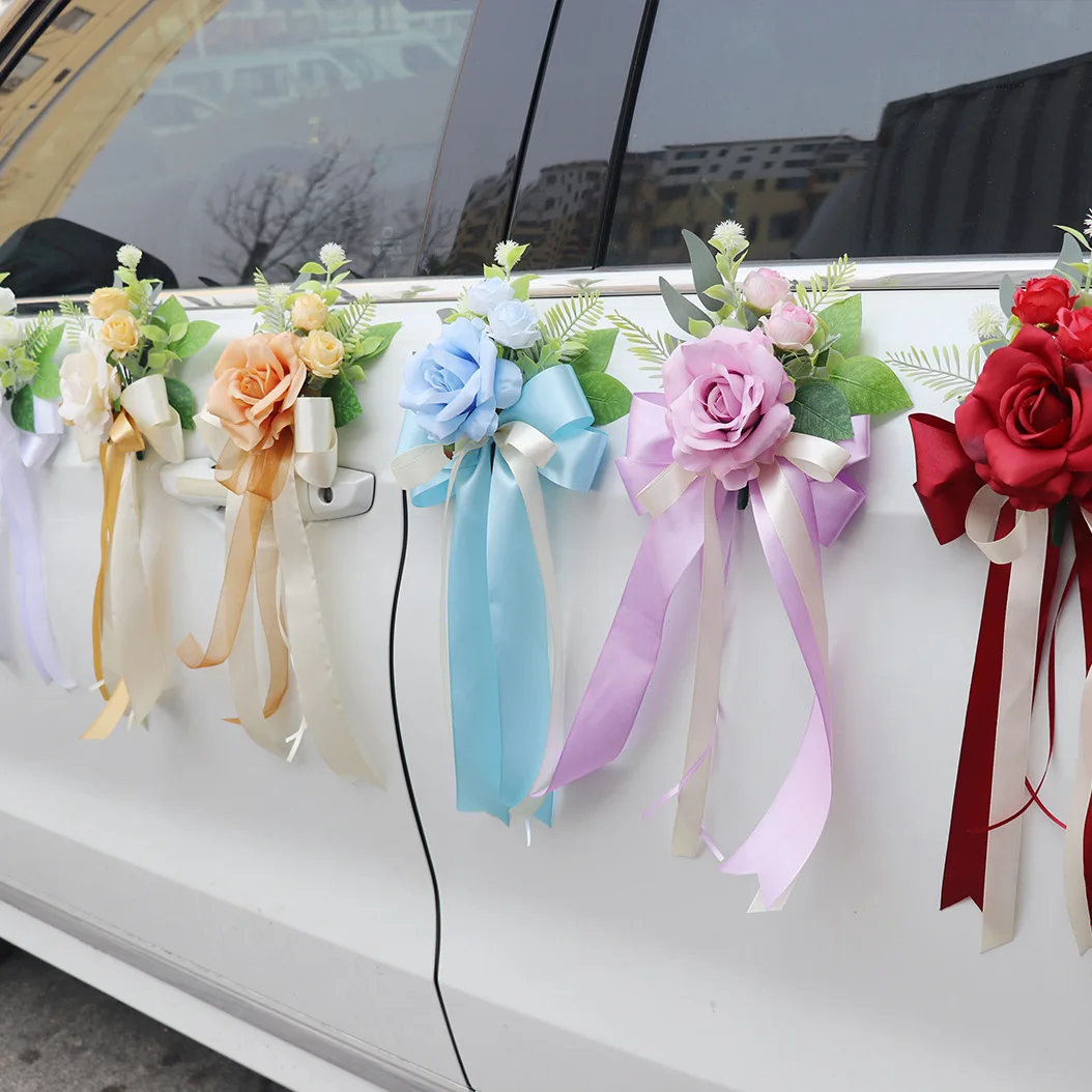 Yannew 6pcs Champagne Gold Wedding Car Rearview Mirror Flowers Just Married Car Door Handle Decoration Aisle Chair Rose Flowers