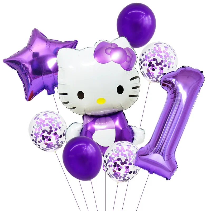 8pcs Hello Kitty Foil Balloons Set Anime Cat Confetti Latex Balloon Kids Birthday Party Decorations Balloon Baby Shower Supplies