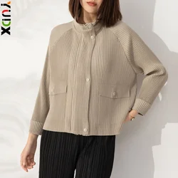 YUDX Miyake-Chaqueta informal holgada para mujer, Top corto plisado de tela gruesa con cremallera, talla grande, novedad de 2023