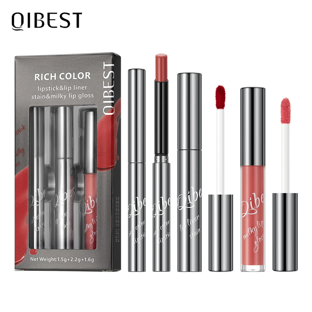 Qibest bordado casca & rasgo brilho labial + delineador labial fosco + nutritivo e hidratante manteiga brilho labial 3 peças conjunto