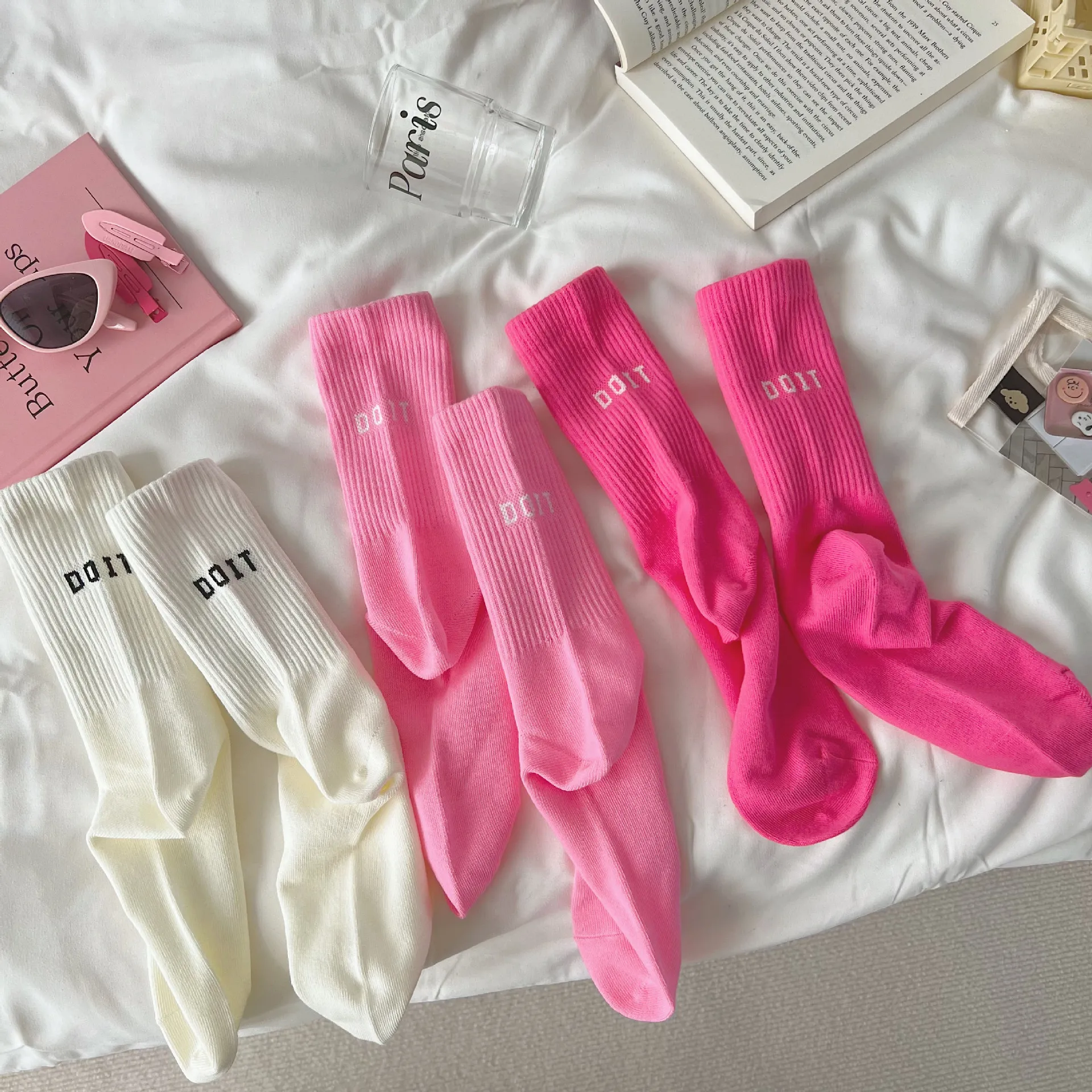 Pink socks women's spring and autumn style mid-tube socks ins outside wear cotton bottoming high waist letter sports stockings