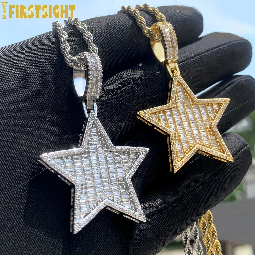 Iced Out Star Pendant Necklace Micro Paved Silver Color Cubic Zircon Prong Setting Charm For Men Women Hip Hop Jewelry