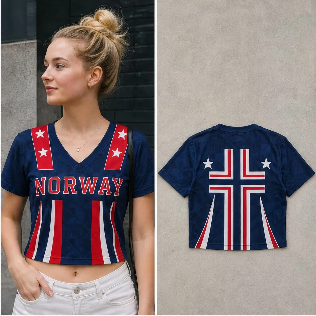Womens V Neck Cropped Tee Norway Cross Stripe Print Short Sleeve Summer Casual Tops With Bold Back Graphics Design Travel Shirts