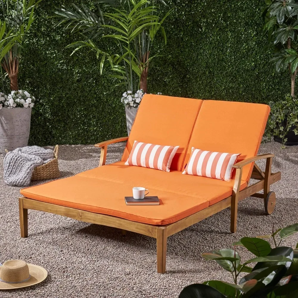 Camping Chair Folding Teak Finish With Orange Cushions Samantha Double Chaise Lounge for Yard and Patio Acacia Wood Frame Cot