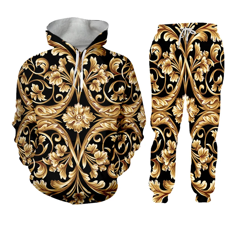 Luxury Tracksuit Men 3D Print 2 Piece Set Golden Baroque Men's Hoodie Pants Stand-up Collar Jacket Zip Hoodie Clothes Sweatshirt