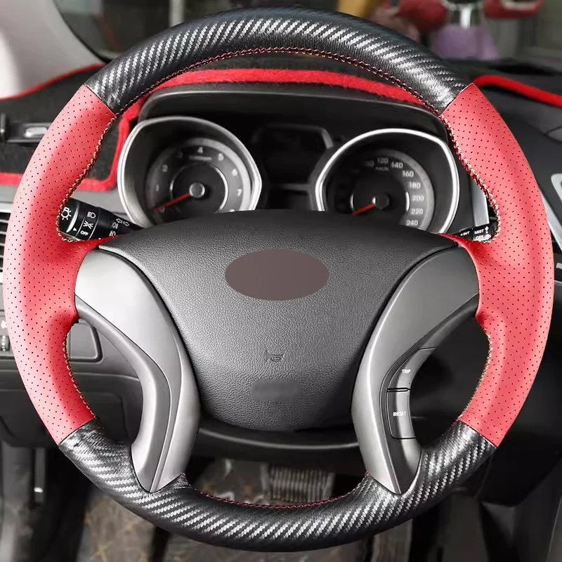 

Matt Carbon Fiber with Red Perforated Leather Hand Sew Steering Wheel Cover Car Accessoires for Hyundai Sonata ix25 ix35 Reina 8