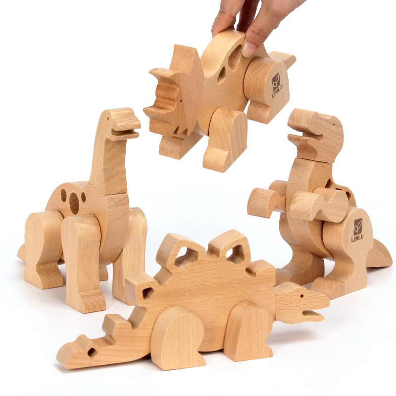 Wooden Dinosaur Cartoon Puzzle Children Montessori Toy Building Blocks for Kids Early Education Birthday Gift Magnetic Assembly